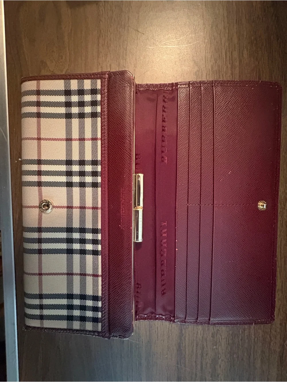 Burberry Beige Nova Check Card Holder with Burgundy Trim